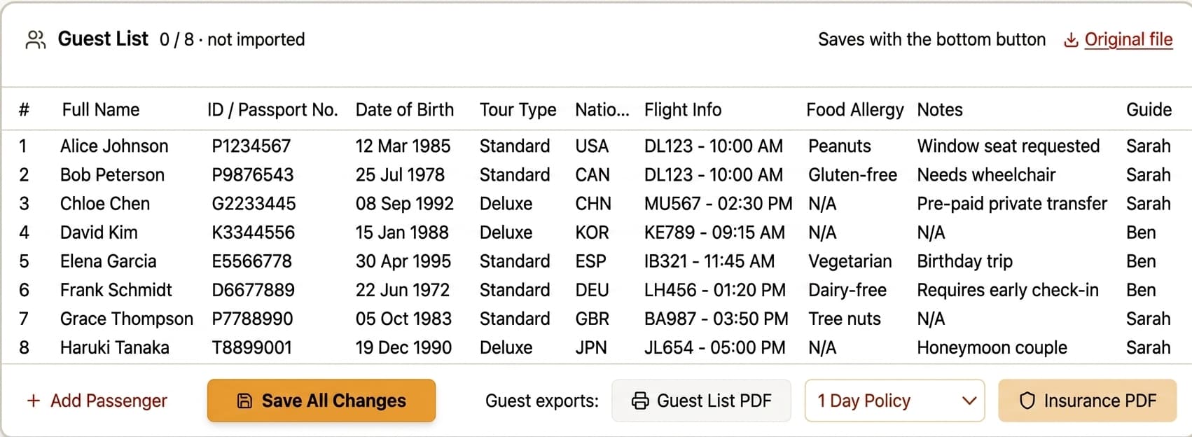 The guest list, with one-click Guest List PDF and Insurance PDF exports